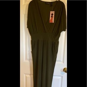 Nina Leonard Olive Green V-Neck Jumpsuit